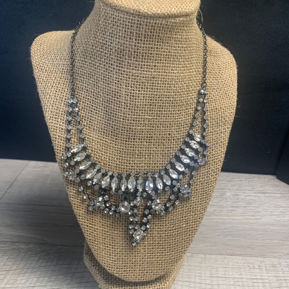 Gunmetal Tone Tiered Rhinestone Statement Bib Necklace Clear Marquise Round 16in
